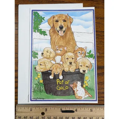 Vtg Pot of Golden Retriever Puppy Dog Ginger Orange Kitty Blank Greeting Card