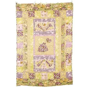 Dutch Girl Completed Quilt Yellow Green Purple Hand Quilted Crib 35"x51" Floral