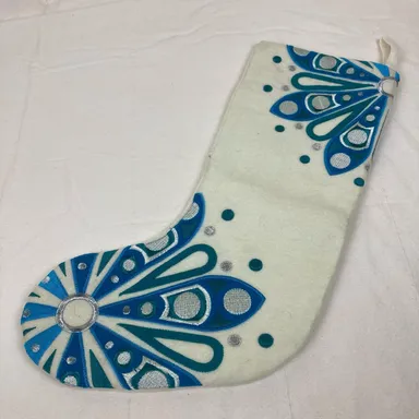Jonathan Adler Happy Chic Stocking Blue Silver Embroidered Christmas Snowflake 
