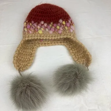 Laplandiya Knit Hat Ear Flaps Russia Winter Pink Rust Tan Grey Fur Wool Blend