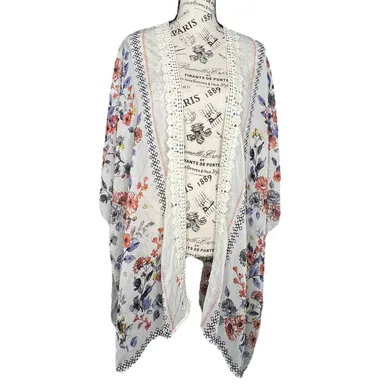 Maurices LARGE/XL Cream Floral Crochet Lining Detail Open Front Kimono