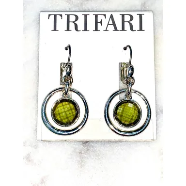 Trifari Silver Green Gemstone Circle Hoop Dangle Earrings NWT