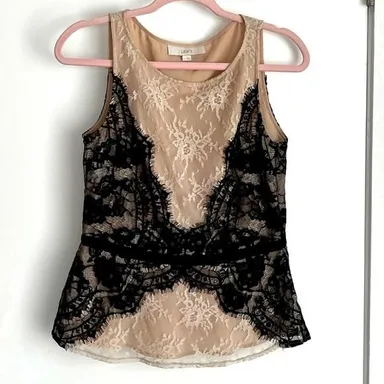 Ann Taylor Loft Gorgeous Tan and Black Lace Tank Top with Bow 2/S