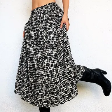 Coldwater Creek 90's Black Velvet Rose Print Gingham High Waist Midi Skirt