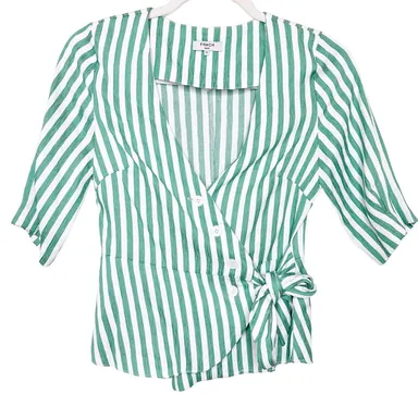 FRNCH PARIS Caissy Green White Stripe Wrap Button Short Sleeve Blouse XS