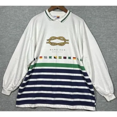 Vtg Hang Ten Mens Sweatshirt Regatta Nautical Striped Collared Made in USA Sz L