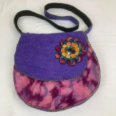 Safal Crafts Crossbody Bag 100% Wool Felt Flower Purple Pink Pom Balls Zip Nepal