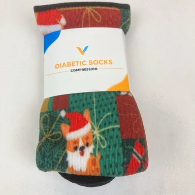 Viasox Diabetic Socks L Compression Puppies Presents Stripes Christmas Red Black