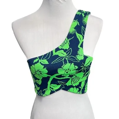 Zara Floral Pattern One Shoulder Crop Top Navy Blue Green Size Medium