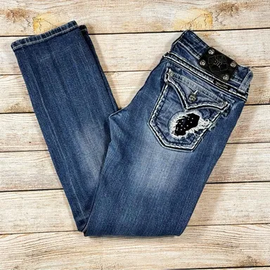 Miss Me For Buckle Capri Distressed Embellished Lace Demin Blue Jeans Size 28