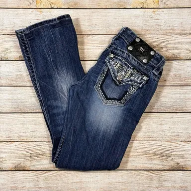 Miss Me Distressed Embellished Demin Blue Hemmed Bootcut Jeans Size 26