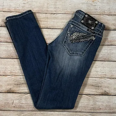 Miss Me Rhinestone Angel Wing Embellished Pocket Straight Blue Jeans Size 27