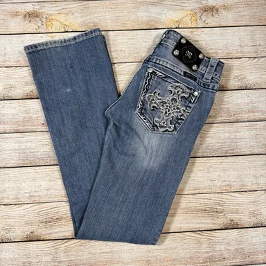 Miss Me Distressed Embellished Bootcut Demin Blue Jeans Size 28 *FLAWS*