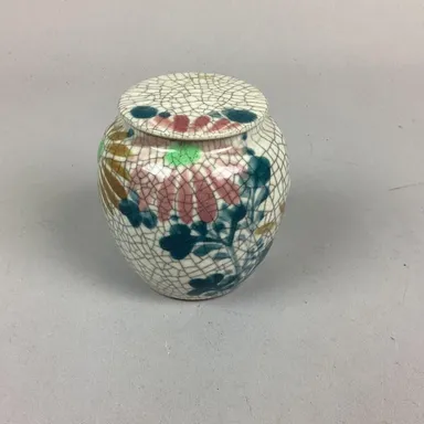 Antique Japanese Kyoto Ceramic Floral Lidded Jar - 4”