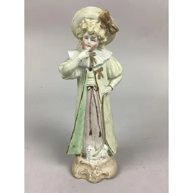 Antique Bisque Porcelain Figurine Of A Young Child And A Dog - 9”H