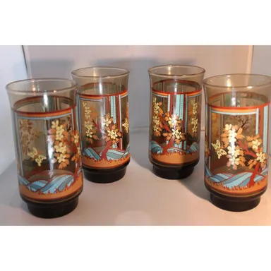 Yvette Smoked Amber Tumblers set 4, Mid Century Footed Glasses, Asian Butterfly VTG