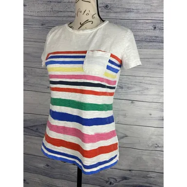 Talbots Rainbow Stripe Pocket Shirt Womens XS Short Sleeve Crew Neck Cotton