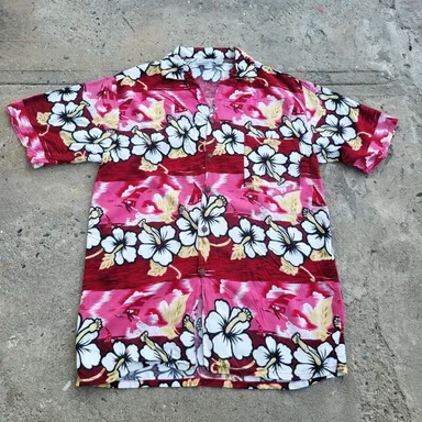 Basix Hawaiian Shirt Size M Red Floral Summer Beach Button Up Short Sleeve