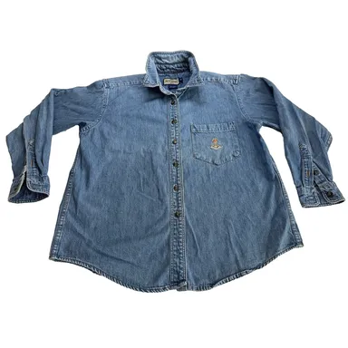 Vintage Ruff Hewn Button Shirt Blue Denim Petite Medium Made in USA Cotton