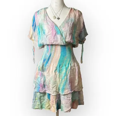 Parker Revolve Pastel Swirl Watercolor Smocked boho Silk NWT Dress Size S
