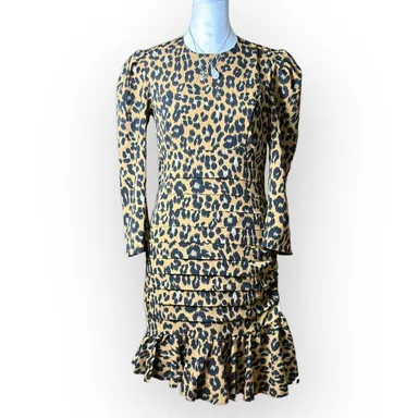 Bardot Ada Leopard Mini Dress Fitted Pleated Ruffled Size S