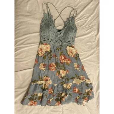 Floral Boho Aesthetic Flowing Thin Strap Blue Dress 