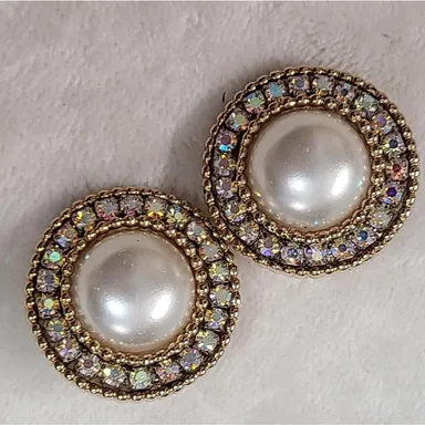 Vintage 70s Faux Pearl & AB Crystal Earrings