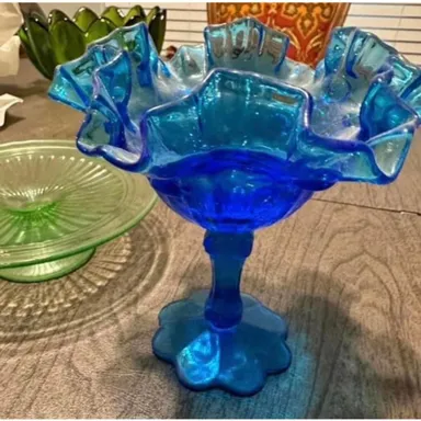 Vintage Blue Glass Ruffle Edge Footed Compote Bowl