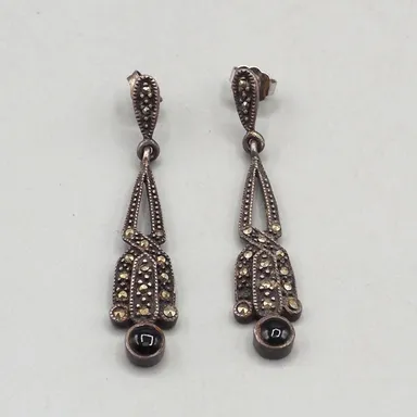 Sterling Silver Marcasite Onyx Earrings .925