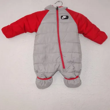 Nike Baby Full Zip Hooded Puffer Snowsuit Fleece Lined Gray Red 0- 3 Months 3m