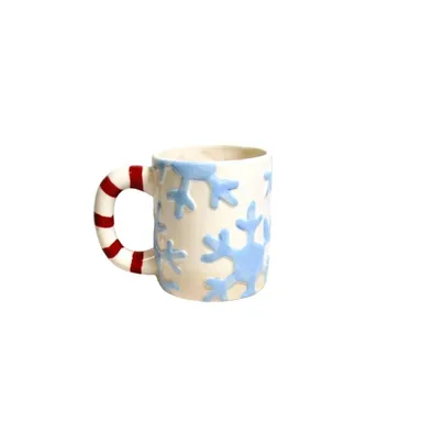 MSRF Coffee Mug White Ceramic Blue Snowflakes Candy Cane Handle 2 Cups Capacity