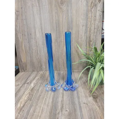 2 Vintage Bud Vase Blue, Twisted Tube Stem, Elephant Base, Art Glass