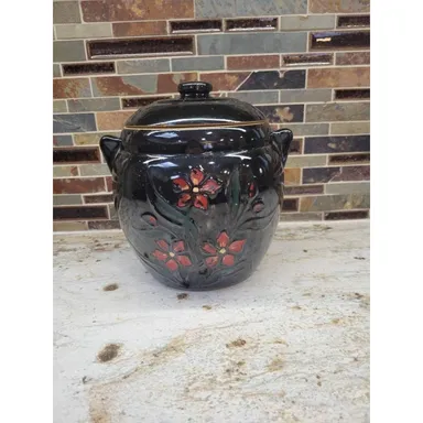 Vintage Crock Cookie Jar, Bean Pot & Lid, Cold Paint Floral, McCoy?