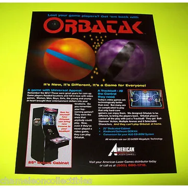 American Laser Games ORBATAK Original NOS 1994 Video Arcade Game Promo Flyer