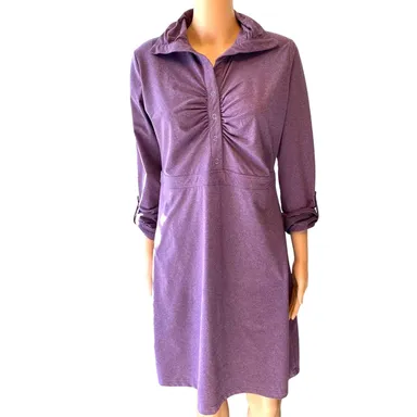 Tehama Stretch Knee length Shirt Dress Purple Snap Button Long sleeve Women Sz M