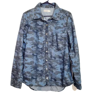 Blank NYC blue camo denim snap button up long sleeved shirt 