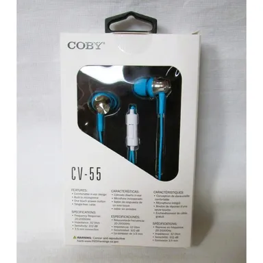 Coby Earbuds, Blue, Stereo, Microphone, On-Touch Answer Button, CV-55