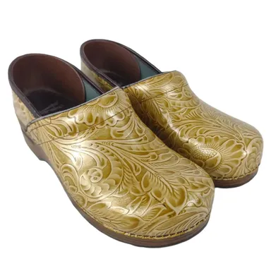 DANSKO Tan Floral Garden Leather Clogs Made Italy Size 41, Women's US 10.5-11
