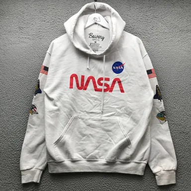 NASA Sweatshirt Hoodie Mens Medium M Long Sleeve Drawstring Pocket Graphic White