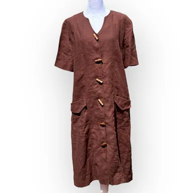 Brownstone Woman Vintage Brown Lagenlook Boho Linen Midi Dress Size 16