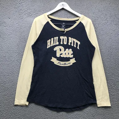 University of Pittsburgh Panthers Hail To Pitt T-Shirt Womens XL Raglan Navy Tan
