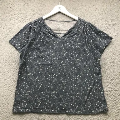 LL Bean T-Shirt Women's XL Short Sleeve V-Neck Floral Black Gray White