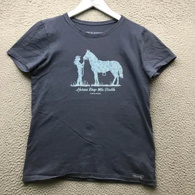 Life is Good Horses Keep Me Stable Crusher T-Shirt Women's Medium Logo Blue Gray