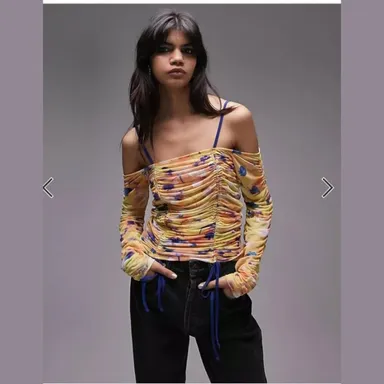 TopShop Mesh Printed Long Sleeve Ruched Bardot Top Yellow Size 4-6 NWOT $56 MSRP