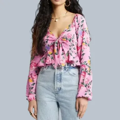 Vero Moda Nya Catch Long Sleeve Pink Floral Tie Front Crop Blouse Small NWOT
