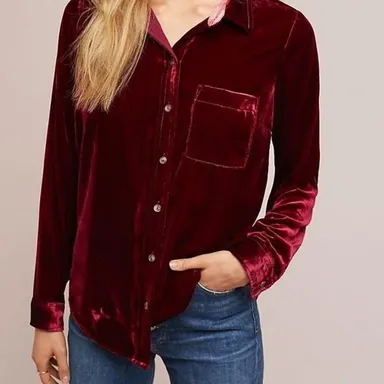 Anthropologie Maeve Womens Maroon Crushed Velvet Button Up Shirt