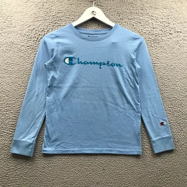 Champion T-Shirt Girls Medium M Long Sleeve Graphic Logo Crew Neck Blue