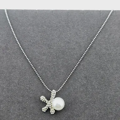 Faux Pearl Charm Necklace Silver Tone Rhinestone Starfish Pendant On Dot Chain