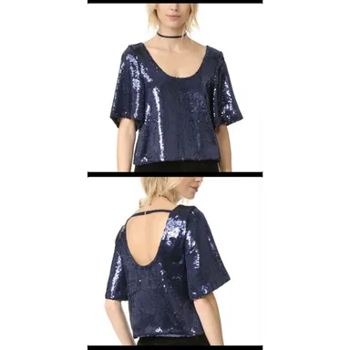 Free People Night Fever blue short sleeved all over sequin blouse