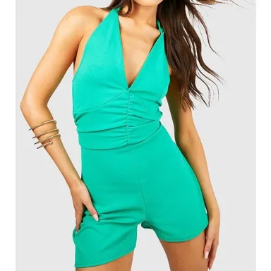 NWT Small Kelly Green Ruched Halter Romper Bustier Corset Sleeveless Shorts